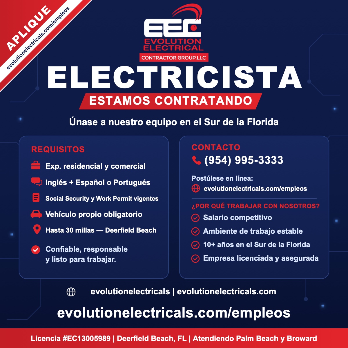 Evolution Electrical Contractor Group contrata electricista en el Sur de la Florida. Requisitos: experiencia residencial y comercial, inglés más español o portugués, autorización de trabajo vigente, vehículo propio, vivir a menos de 30 millas de Deerfield Beach.