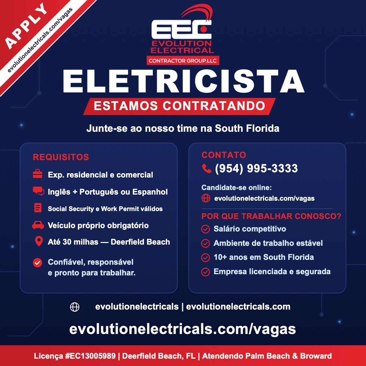 Evolution Electrical Contractor Group contrata eletricista em South Florida. Requisitos: experiência residencial e comercial, inglês mais português ou espanhol, autorização de trabalho válida, veículo próprio, morar até 30 milhas de Deerfield Beach.